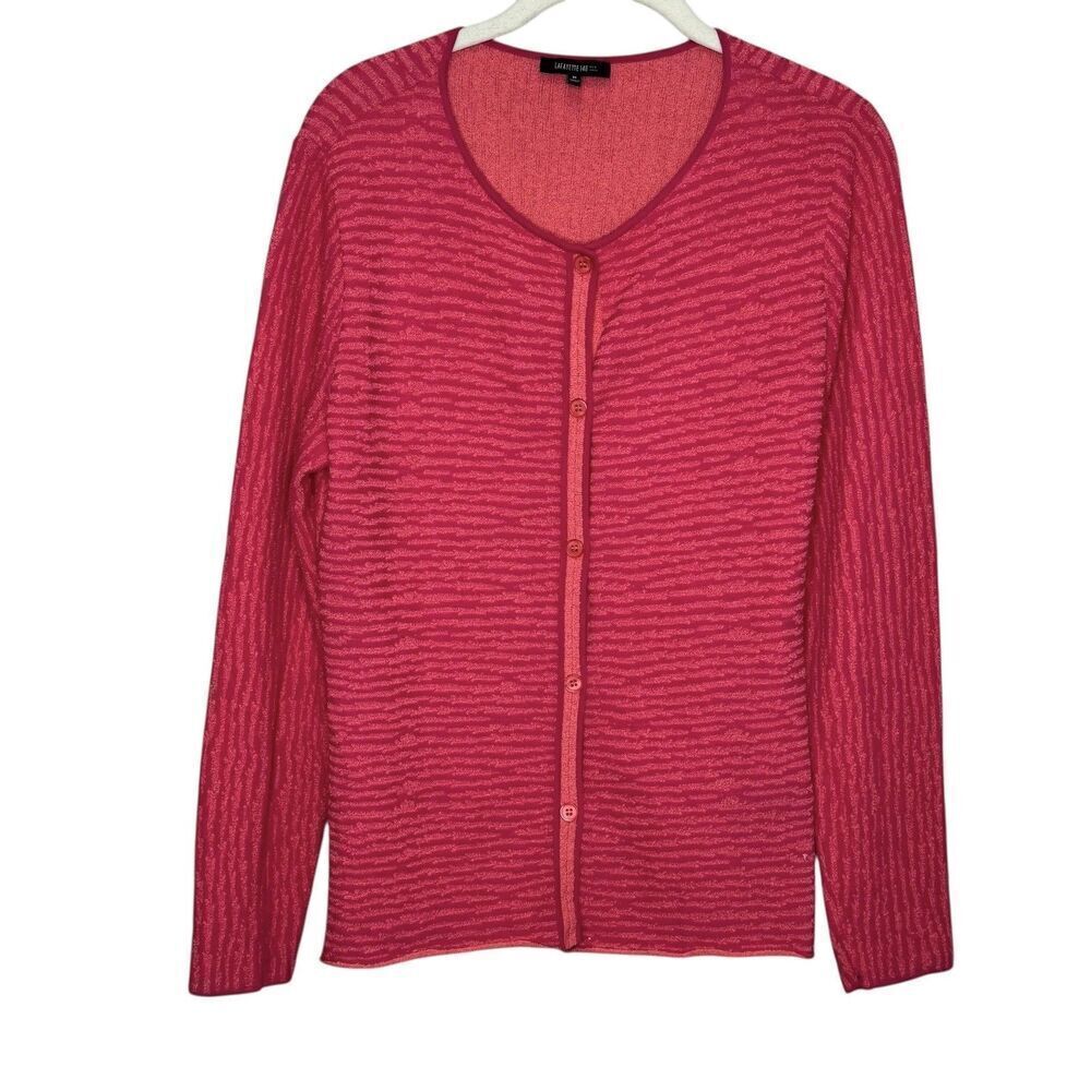 Lafayette 148 New York Sweater Womens Medium Pink Textured Stripe Cardigan Knit